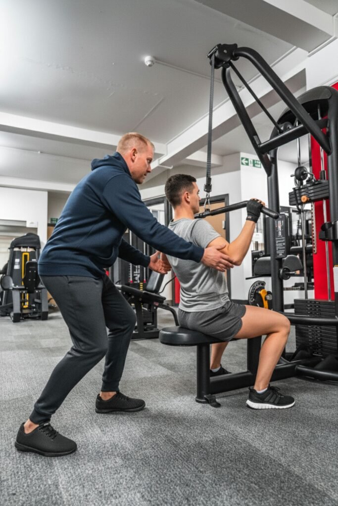 personal trainer helping a client with a workout