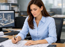 Engineer reviewing technical drawings for a project