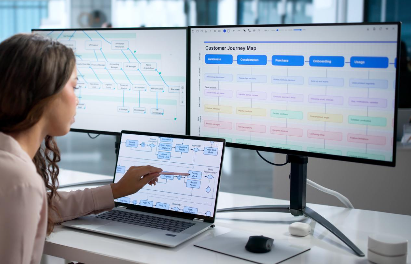 Business analyst reviewing a workflow diagram and business processes