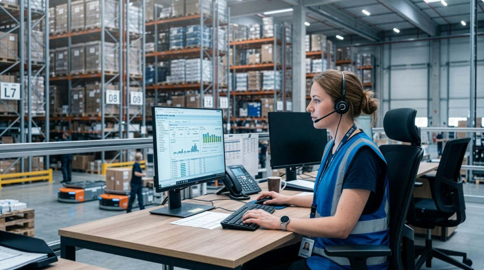 Warehouse administrator updating inventory records on a computer