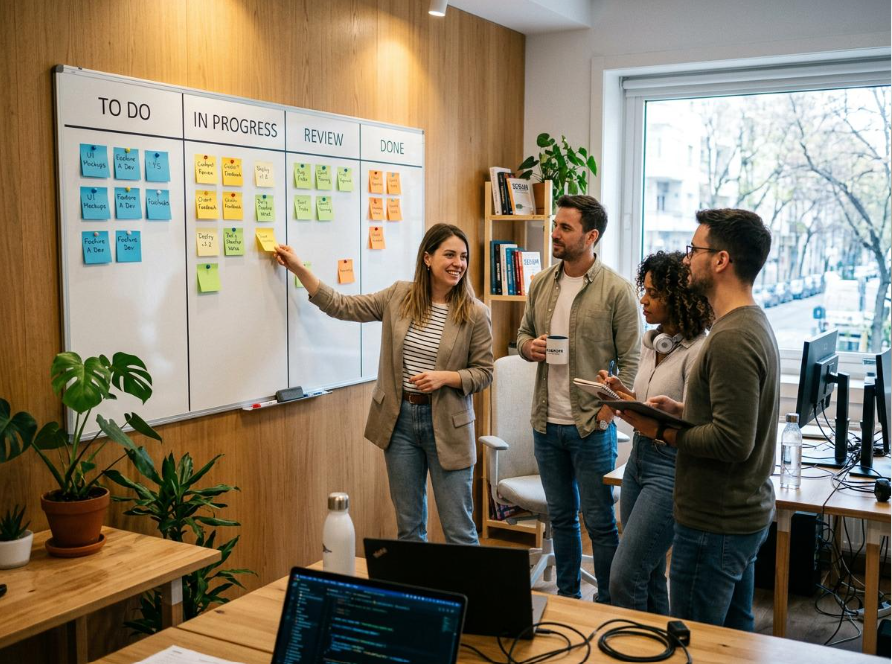 Product roadmap planning with tasks and priorities on a board