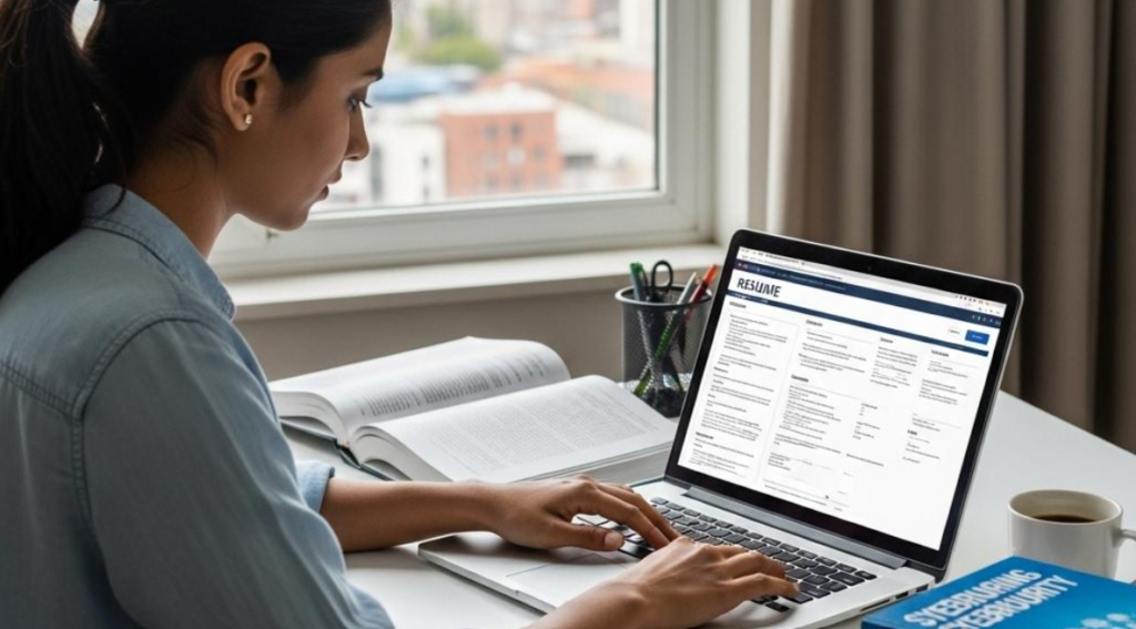 Professional reviewing a resume highlighting cybersecurity skills