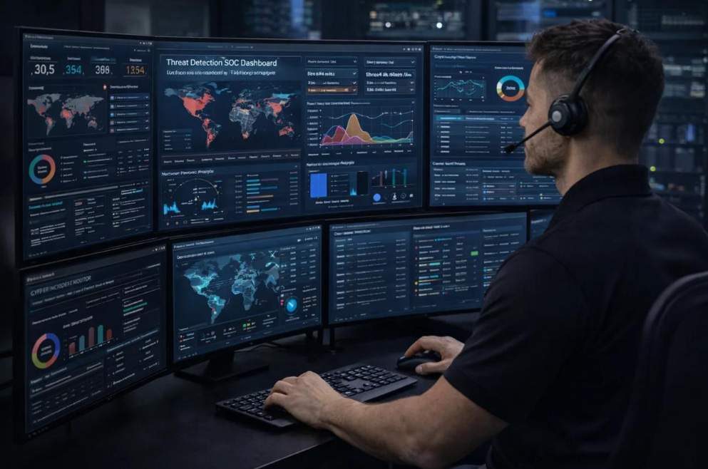 Security operations center monitoring network threats and security alerts