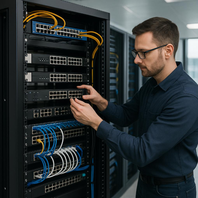 Network administrator configuring routers and network switches