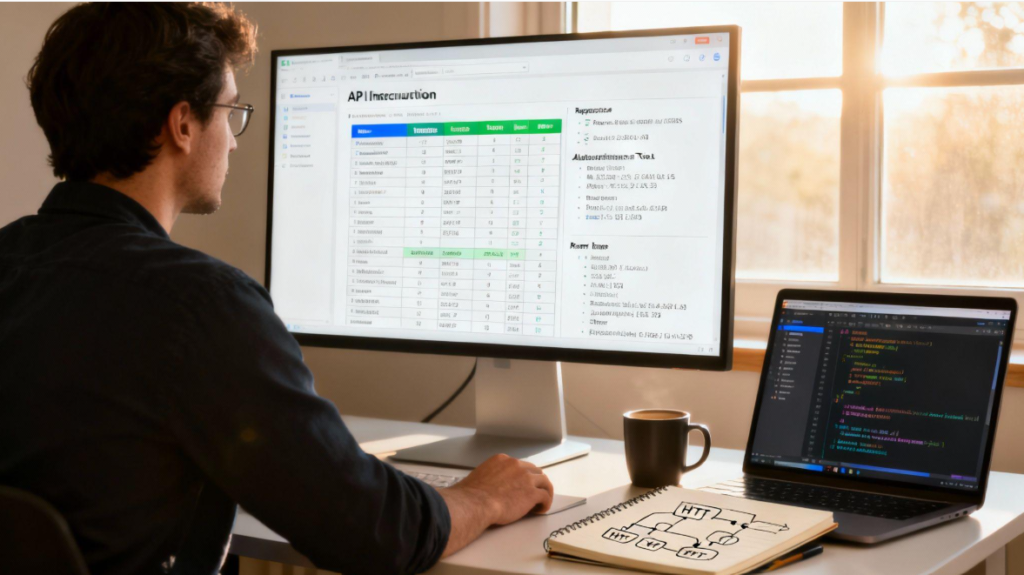 Software developer reviewing API documentation and code examples
