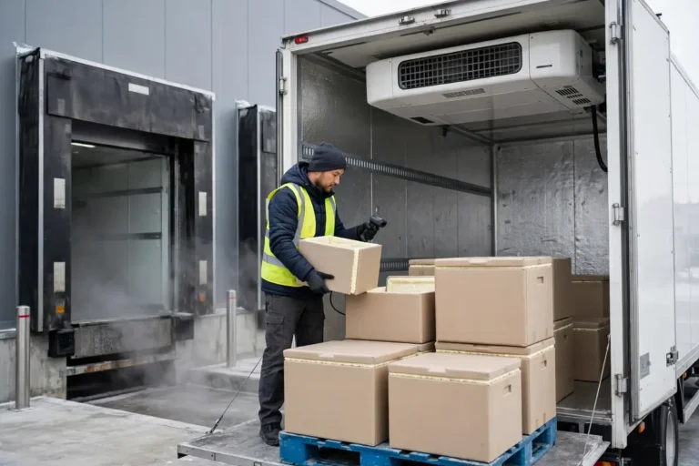 Cold Chain Logistics: What It Is, How It Works, and Where It Breaks Worker with a handheld scanner loading temperature-sensitive insulated boxes into a refrigerated truck at a cold storage facility