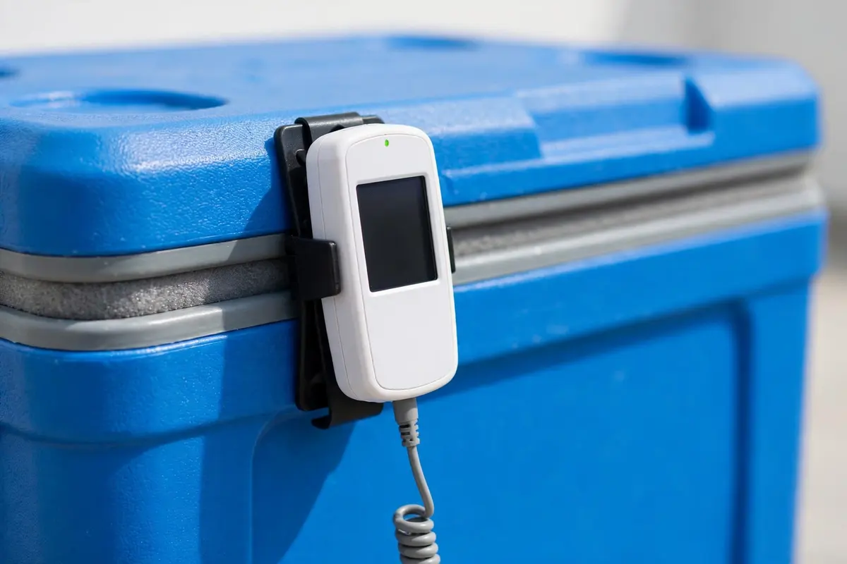 Close-up of a temperature data logger attached to a vaccine cold box for cold chain monitoring