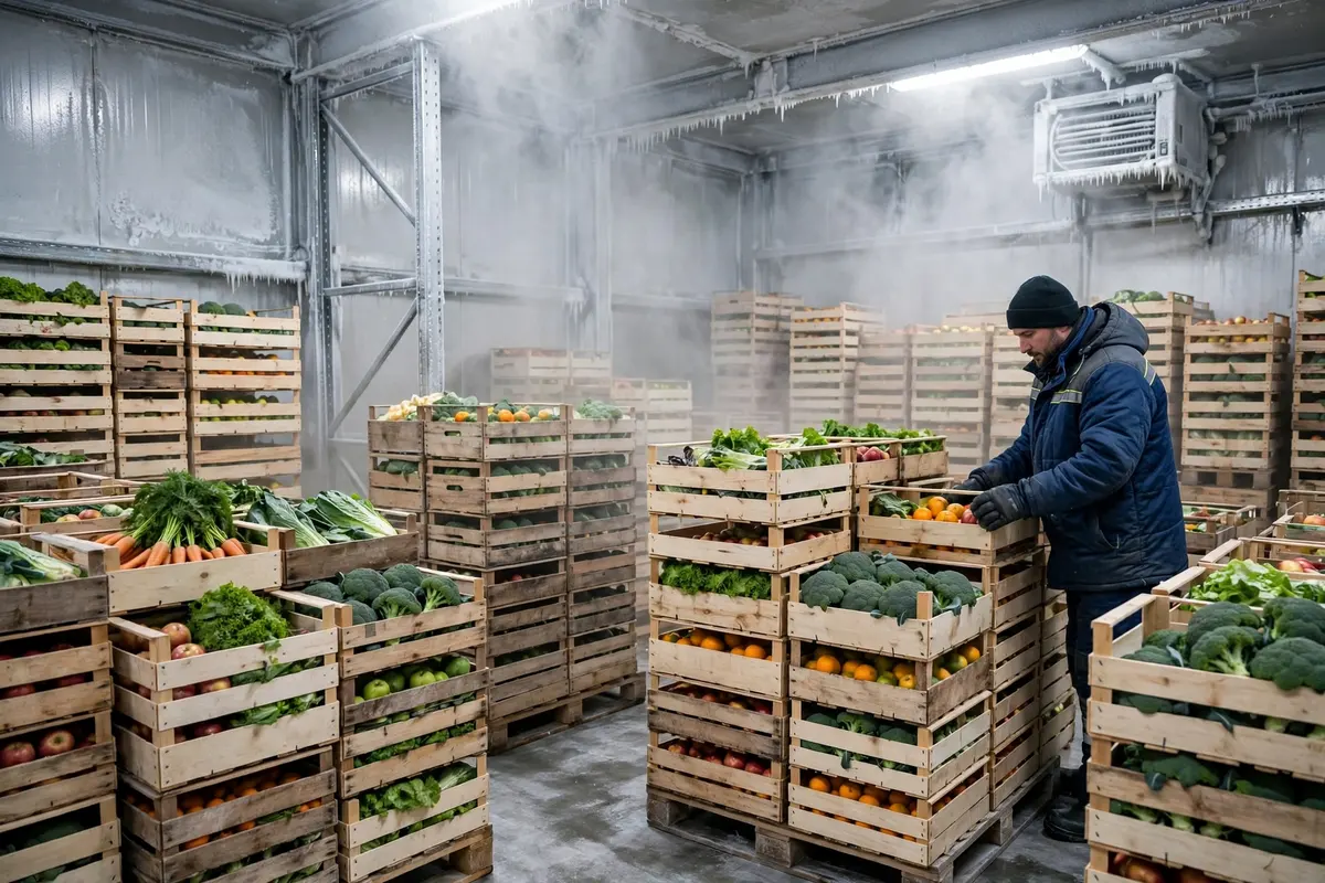 Worker in insulated clothing among stacked produce crates inside a frosty cold storage warehouse