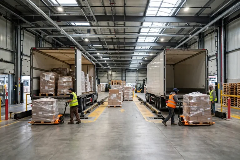 What Is Cross Docking? How It Works, Types, Benefits, and When It Works Best Workers moving palletized goods across a cross-docking terminal dock from an inbound truck to an outbound truck