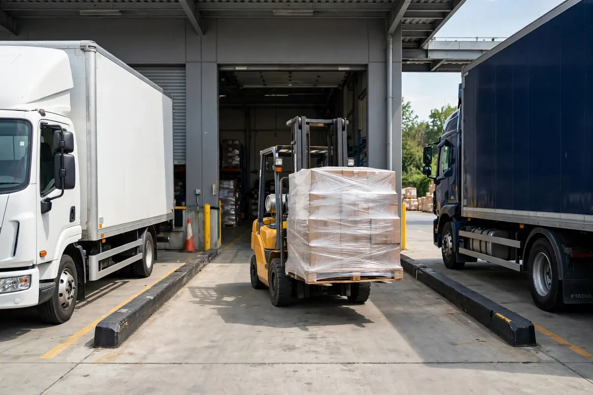 Forklift carrying a wrapped pallet across a warehouse dock between two trucks during the cross docking process