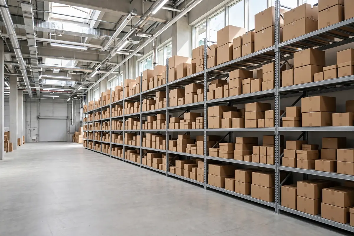 Tall warehouse storage racks full of boxes, showing stored inventory for the cross docking vs warehousing comparison