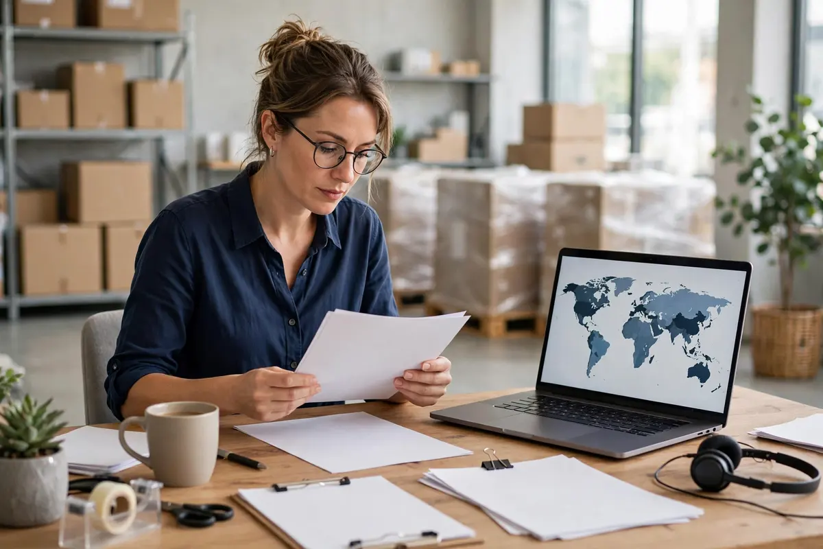 Logistics coordinator reviewing freight forwarding documents and a world map on a laptop in a modern shipping office