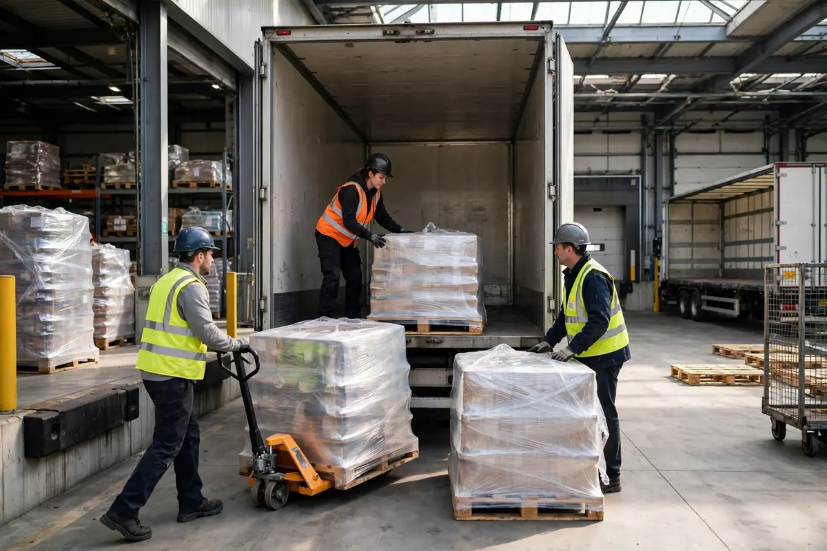 Workers loading palletized cargo onto a truck at a freight forwarding warehouse dock