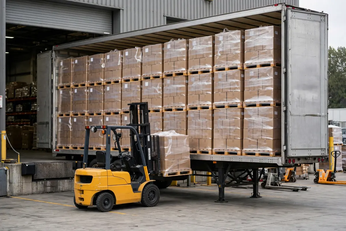 Forklift loading a full truckload of pallets into a semi-trailer