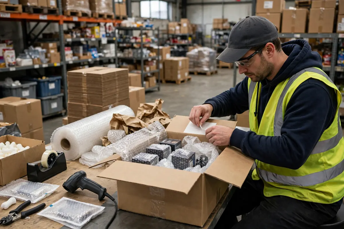 Worker packing products into a box at a warehouse packing station