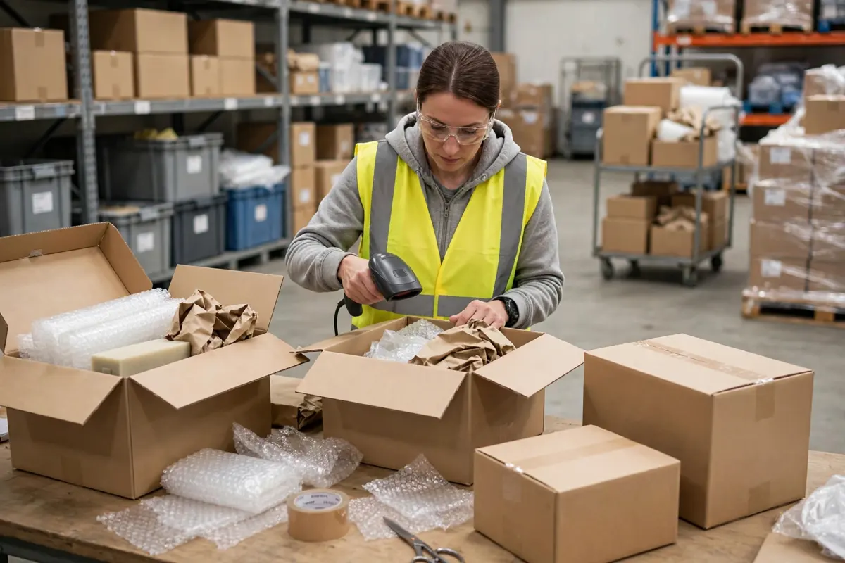 Returned parcels being inspected and processed at a warehouse returns desk