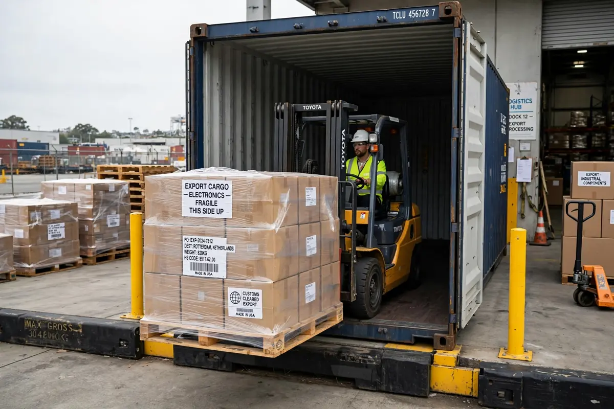 Forklift loading palletised export cargo into a shipping container at a warehouse dock