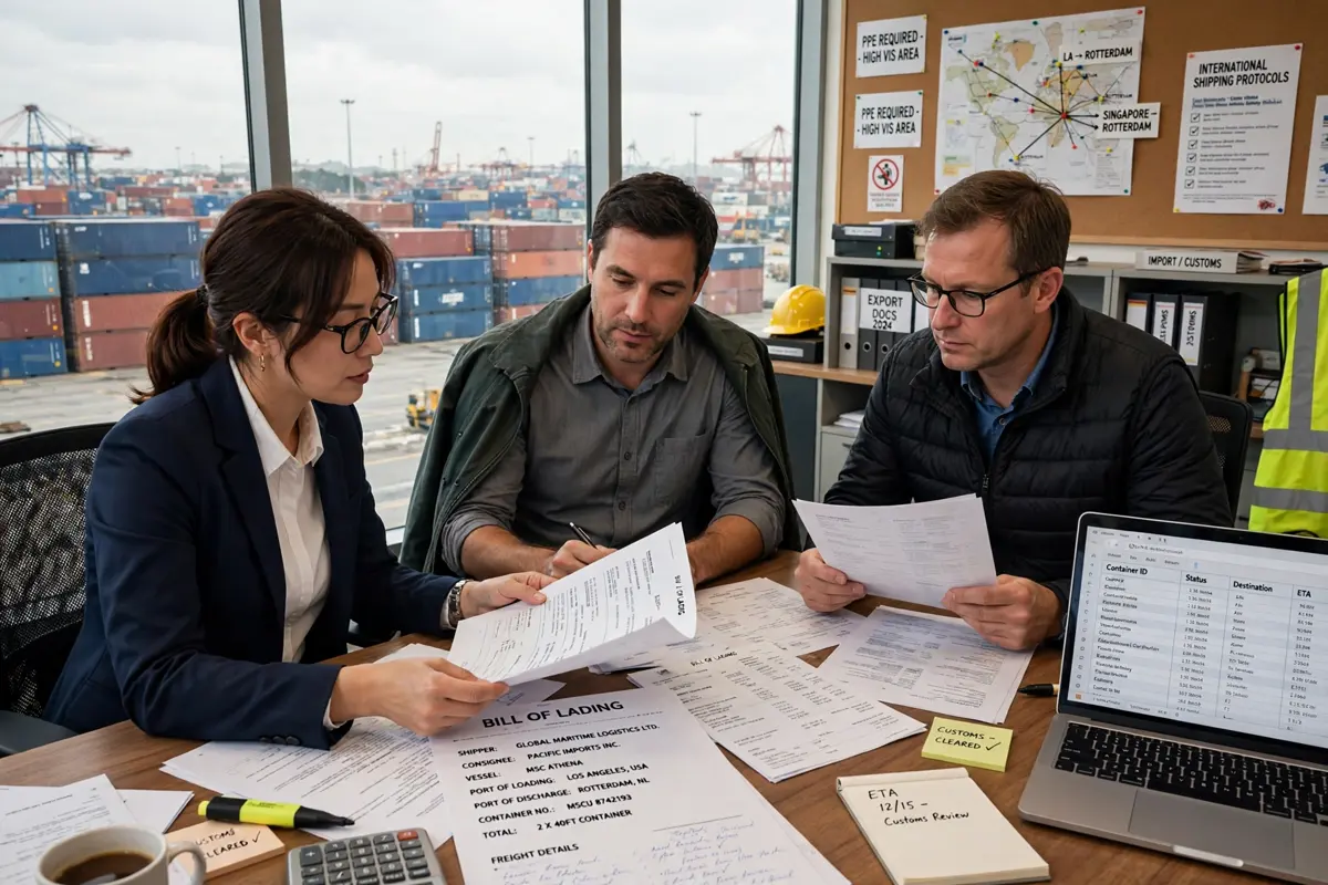 Buyer and seller reviewing international shipping documents for an Incoterms agreement