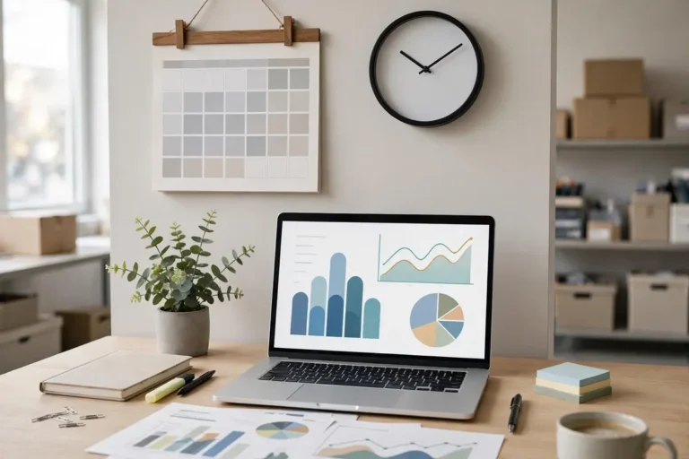 Wall calendar, clock and laptop with charts on a desk in a supply chain planning office, representing lead time planning