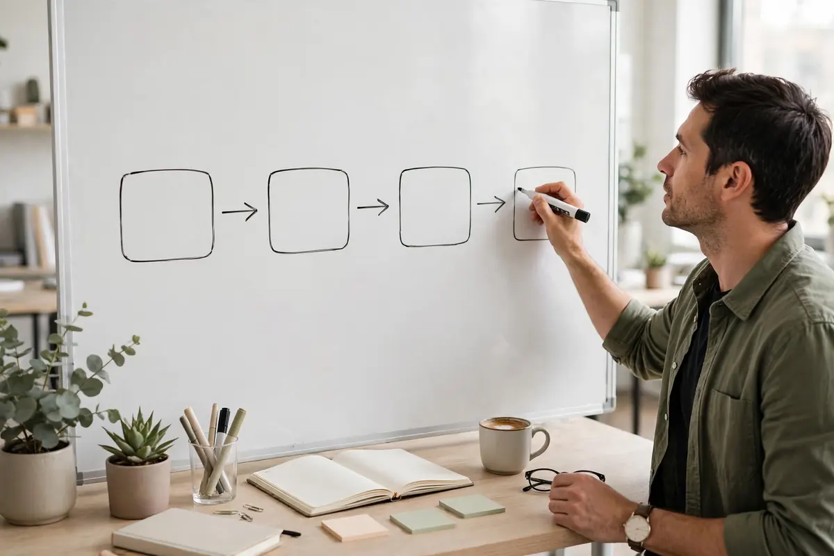 Planner drawing a process-flow timeline with arrows and boxes on a whiteboard to explain the lead time formula