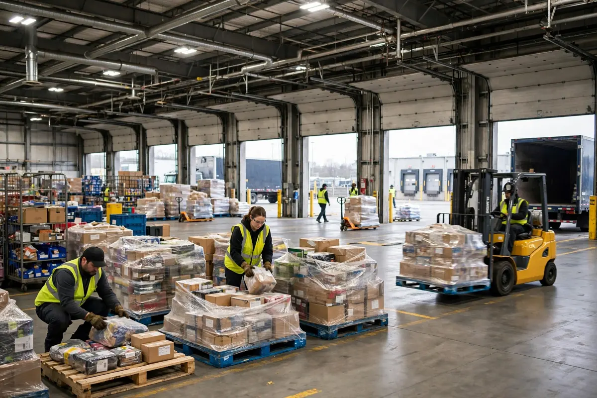 Workers sorting partial LTL pallet shipments at a freight terminal