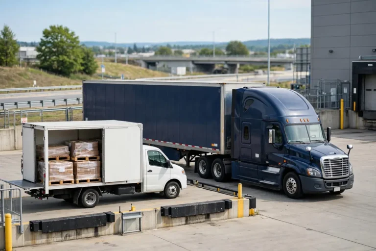 LTL vs FTL shipping comparison showing a smaller truck with partial pallets beside a full semi-trailer truck