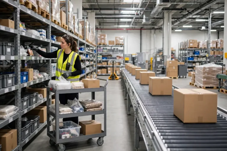 Warehouse worker picking orders in a modern fulfillment center