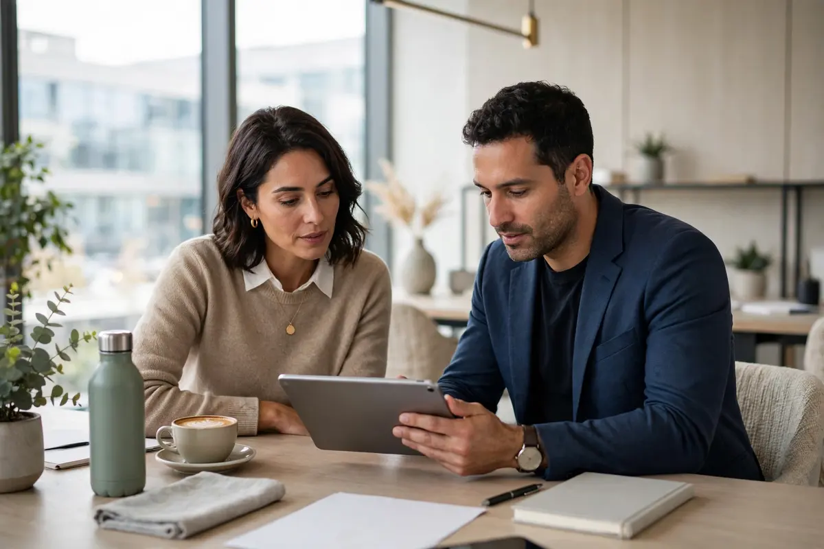 Supplier and buyer reviewing delivery schedules on a tablet in a modern office meeting about how to reduce lead time
