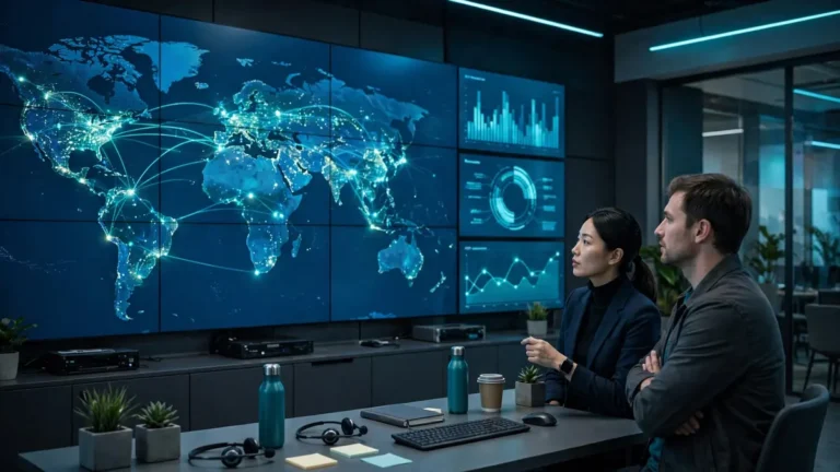 Supply chain planning control tower with a live map of global supply routes and warehouse data