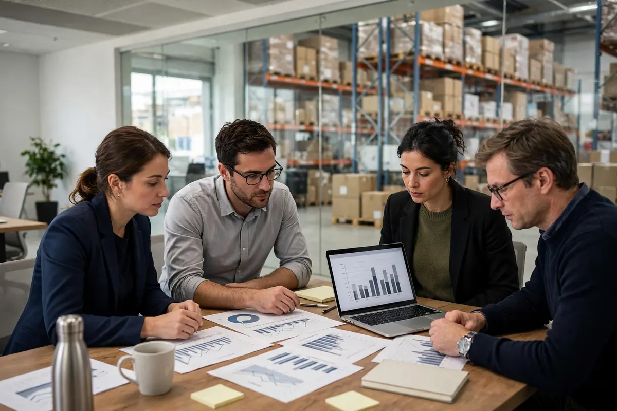 Supply chain planning team reviewing demand forecast charts next to a warehouse