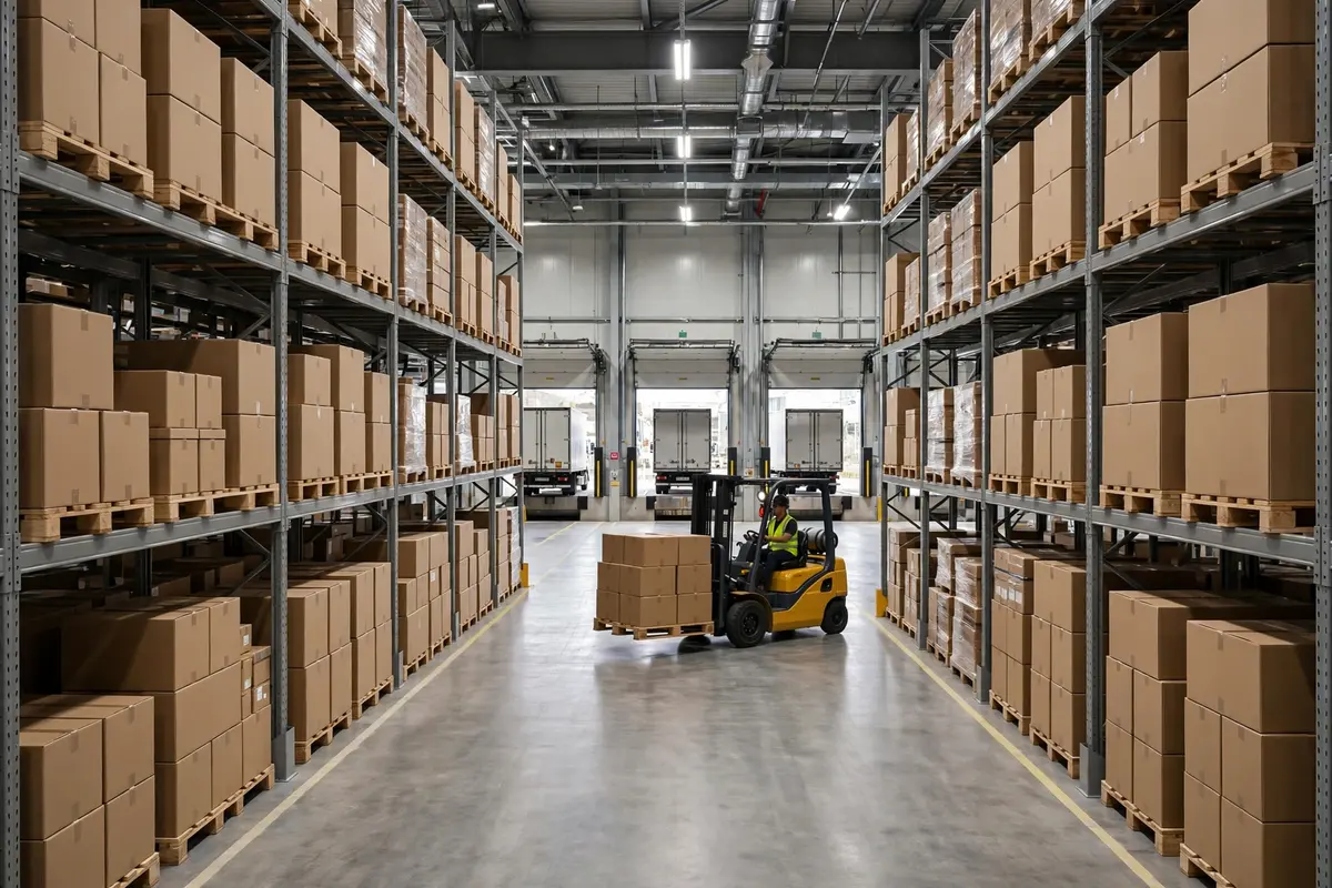 Distribution warehouse aisle with a forklift, pallet stock and delivery trucks at the loading docks