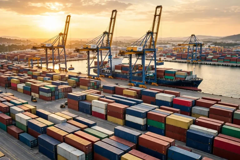 Container port at sunset with gantry cranes loading a cargo ship, illustrating what a freight forwarder does in international shipping